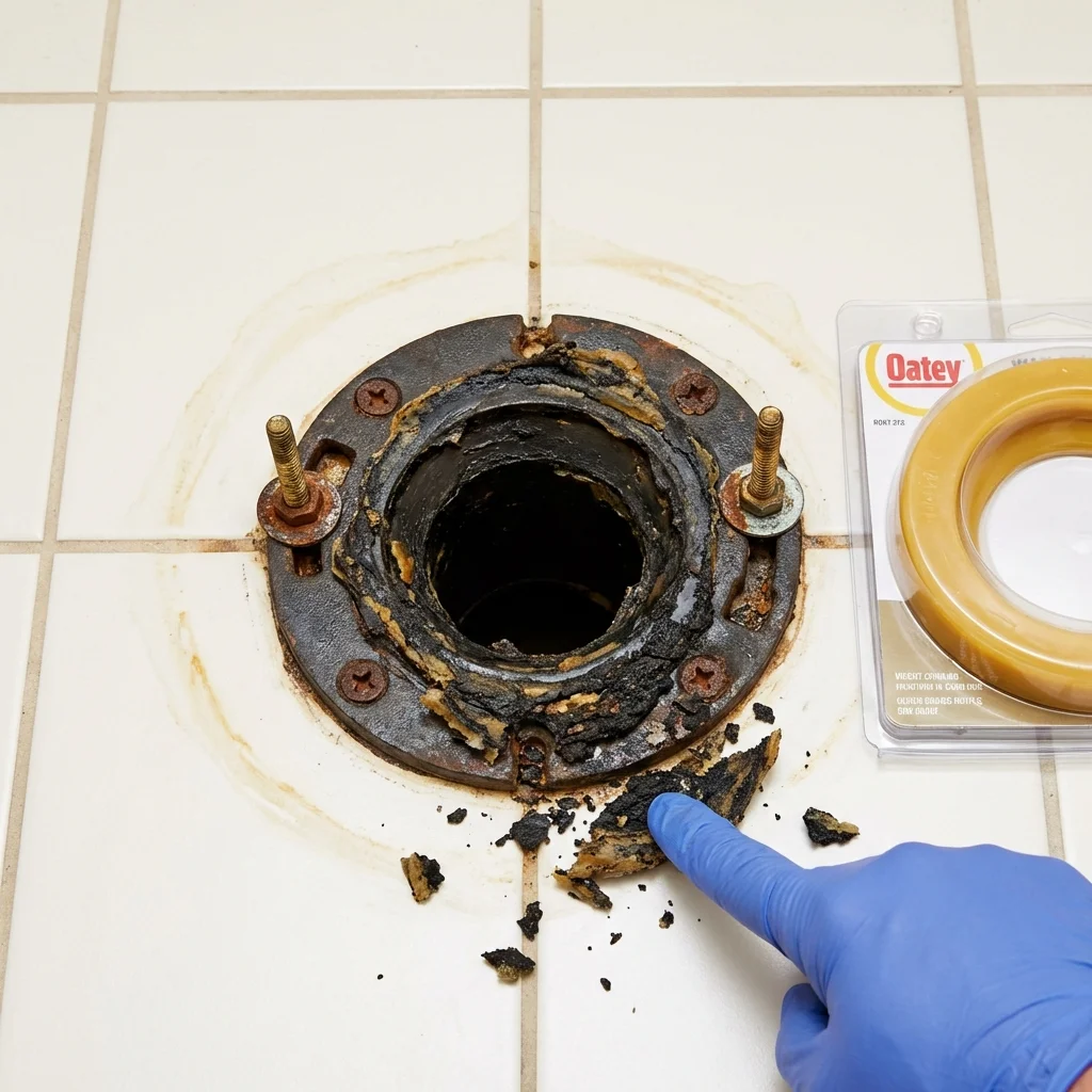 Failed wax ring showing water seepage at the base of a toilet in a Booneville, KY home