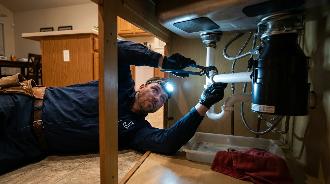 P-trap and supply line connections under a kitchen sink showing a common leak point in Booneville, KY